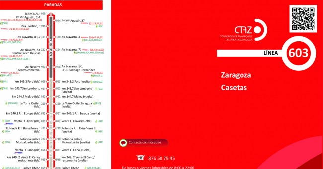 Recorrido esquemático, paradas y correspondencias Línea 603: Zaragoza - Casetas