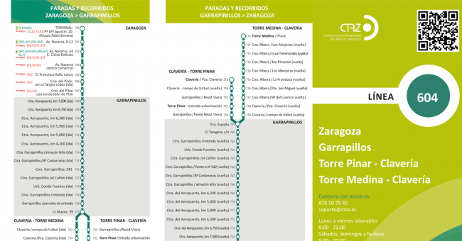 Recorrido esquemático, paradas y correspondencias Línea 604: Zaragoza - Garrapinillos