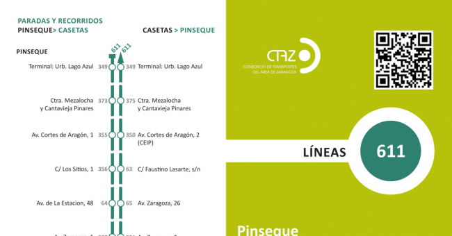 Recorrido esquemático, paradas y correspondencias Línea 611: Zaragoza - Pinseque