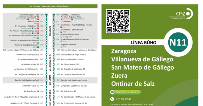 Recorrido esquemático, paradas y correspondencias Línea nocturna N11: Zaragoza - Ontinar
