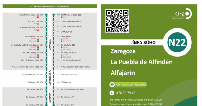 Recorrido esquemático, paradas y correspondencias Línea nocturna N22: Zaragoza - Alfajarín