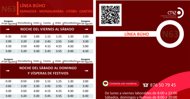 Recorrido esquemático, paradas y correspondencias Línea nocturna N63: Zaragoza - Casetas