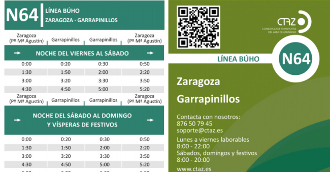 Recorrido esquemático, paradas y correspondencias Línea nocturna N64: Zaragoza - Garrapinillos