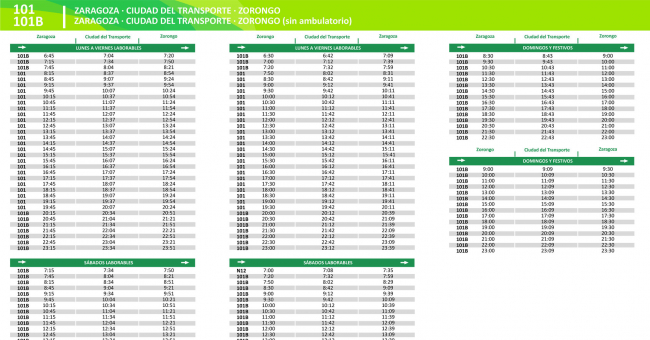 Tabla de horarios y frecuencias de paso Línea 101: Zaragoza - Urbanización El Zorongo