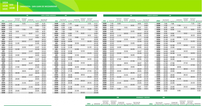 Tabla de horarios y frecuencias de paso Línea 103: Zaragoza - San Juan de Mozarrifar