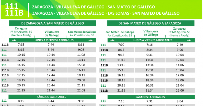 Tabla de horarios y frecuencias de paso Línea 111: Zaragoza - San Mateo de Gállego