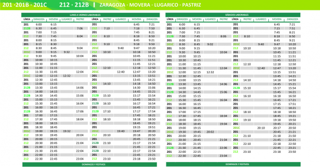 Tabla de horarios y frecuencias de paso Línea 201: Zaragoza - Lugarico de Cerdán