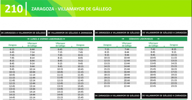 Tabla de horarios y frecuencias de paso Línea 210: Zaragoza - Villamayor