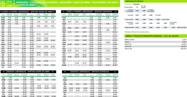 Tabla de horarios y frecuencias de paso Línea 214: Zaragoza - Osera de Ebro