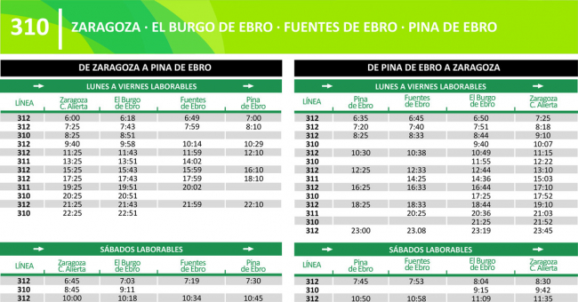 Tabla de horarios y frecuencias de paso Línea 312: Zaragoza - Pina de Ebro