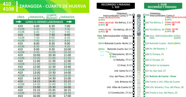 Tabla de horarios y frecuencias de paso Línea 410: Zaragoza - Cuarte de Huerva