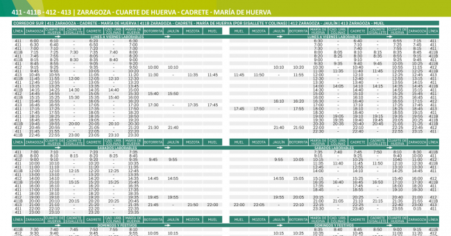 Tabla de horarios y frecuencias de paso Línea 412: Zaragoza - Jaulín