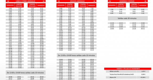 Tabla de horarios y frecuencias de paso Línea 603: Zaragoza - Casetas