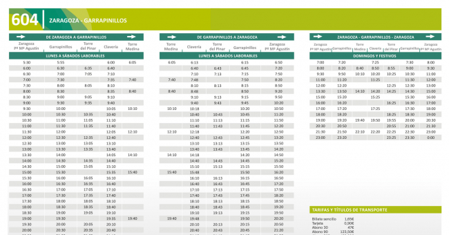 Tabla de horarios y frecuencias de paso Línea 604: Zaragoza - Garrapinillos