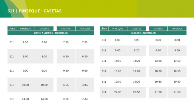 Tabla de horarios y frecuencias de paso Línea 611: Zaragoza - Pinseque