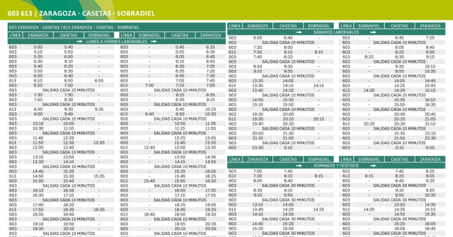 Horario de Línea 613 Tabla de horarios y frecuencias de paso Línea 613: Zaragoza - Sobradiel