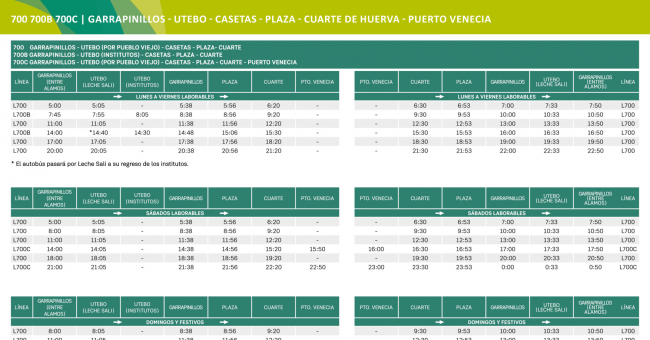 Horario de Línea 700 Tabla de horarios y frecuencias de paso Línea 700: Garrapinillos - Cuarte de Huerva